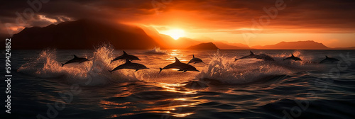 angle shot of a pod of dolphins leaping out of the water in unison with the backdrop of majestic mountains and a vibrant sunset. AI generative