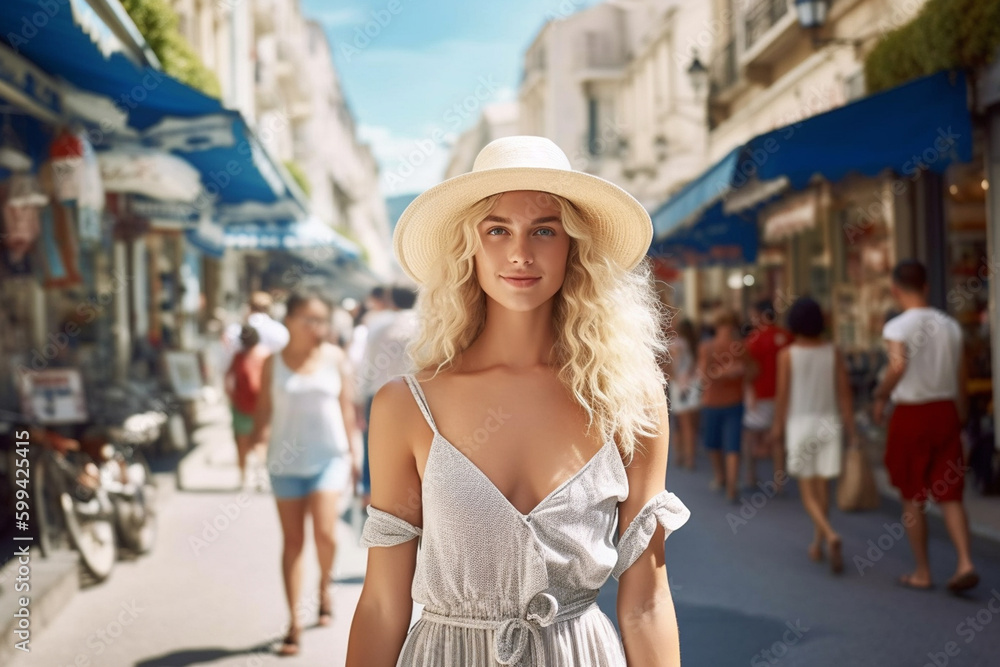 young adult woman go on vacation, sunny weather summer clothes, travel and summer vacation, side street with tourists. Generative AI