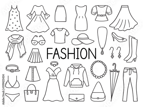 Fashion doodle set.  Women clothes and accessories in sketch style. Hand drawn vector illustration isolated on white background