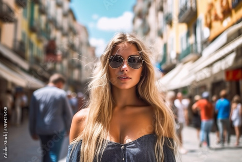 young adult woman go on vacation, sunny weather summer clothes, travel and summer vacation, side street with tourists. Generative AI © wetzkaz