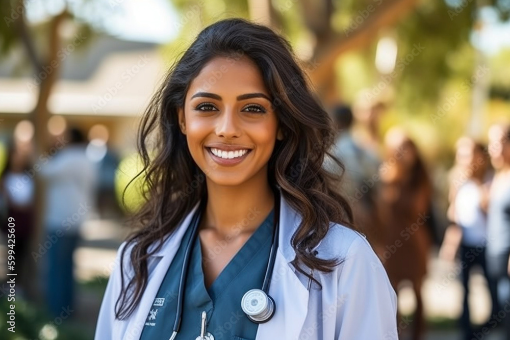 young adult smiling medical doctor outdoor at spring or summer temperatures, studying at university or leisure time or break. Generative AI young adult smiling medical doctor outdoor at spring or summer temperatures, studying at university or leisure time or break. Generative AI