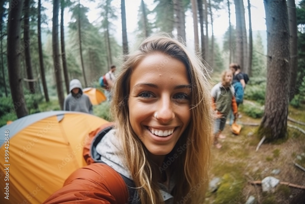 positive vibes when camping in the forest with tents and friends, in daylight in a forest clearing. Generative AI positive vibes when camping in the forest with tents and friends, in daylight in a forest clearing. Generative AI