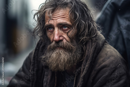old man with long hair and a long unkempt beard sits outside, hopelessly unmotivated, homeless or living on the street. Generative AI