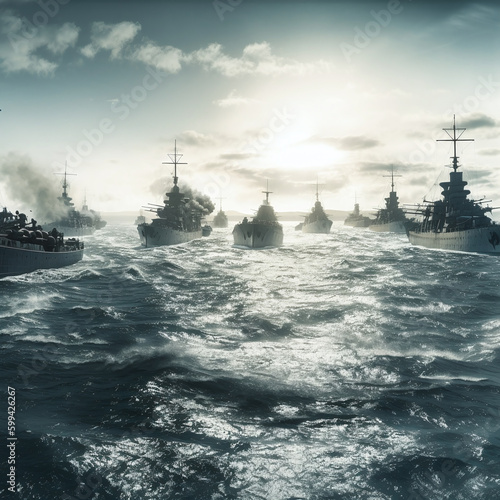 Battleships, naval combat, D-day, World War 2, World War 1, battle, naval battle. Marine fights. photo