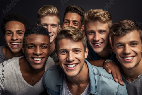young adult boys men side by side, group or team, portrait. Generative AI © wetzkaz