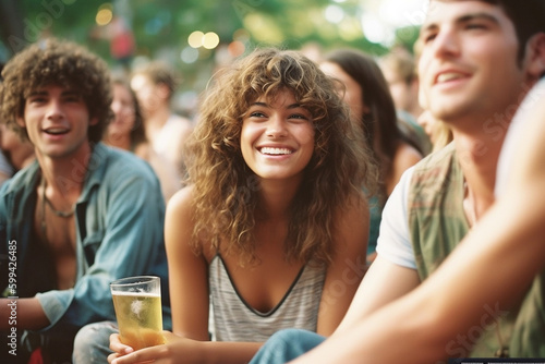 a young adult woman is happy and content, hippie relax look, smiling facial expression, outdoors with large group or friends, sometime temperatures, fictional location. Generative AI