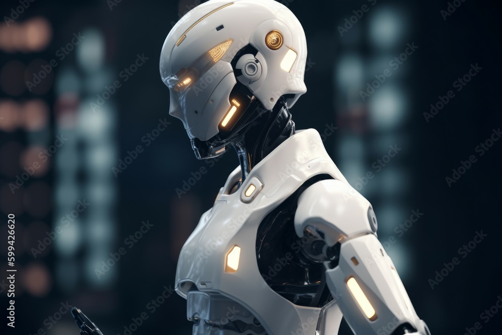White modern ai robot think or calculate, close-up. AI generated, human enhanced White modern ai robot think or calculate, close-up. AI generated, human enhanced
