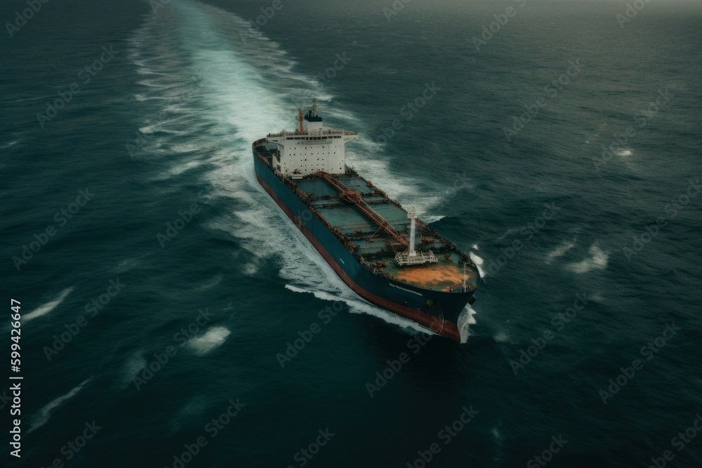 Industrial ship at sea. Backdrop or background with copy space. AI generated, human enhanced.