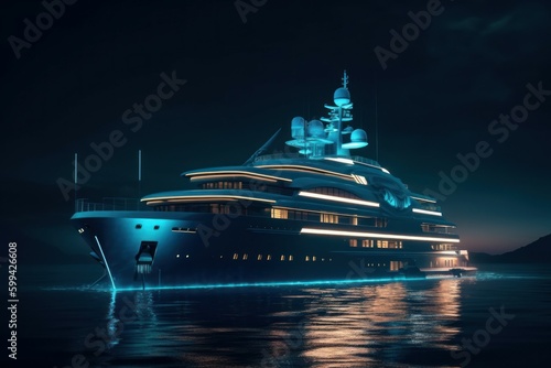 Luxury yacht at night in the bay off the coast. AI generated, human enhanced.