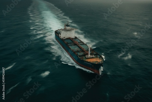 Industrial ship at sea. Backdrop or background with copy space. AI generated, human enhanced.