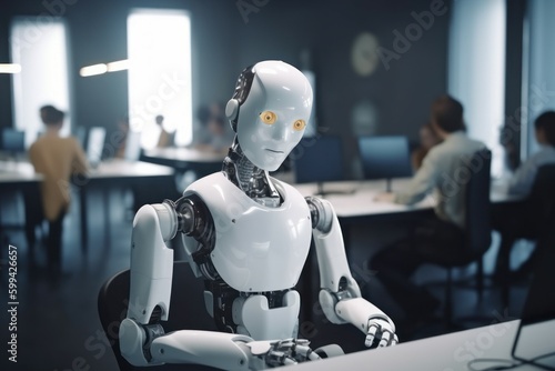 Robot working at computer among people. AI generated, human enhanced