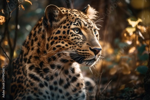 Beautiful leopard. Background with selective focus and copy space. AI generated, human enhanced