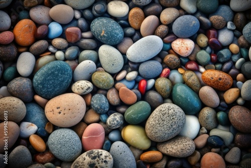 Abstract background with dry multicolored stones or pebbles, selective focus. AI generated, human enhanced.