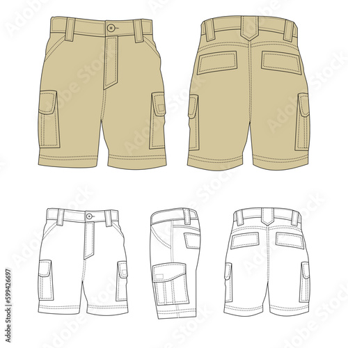 Khaki technical sketch of Short Cargo Pants vector template, front, back and side view, isolated on white background, editable color and stroke.