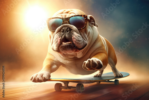 english bulldog with sunglasses riding a skateboard - made with generative ai photo