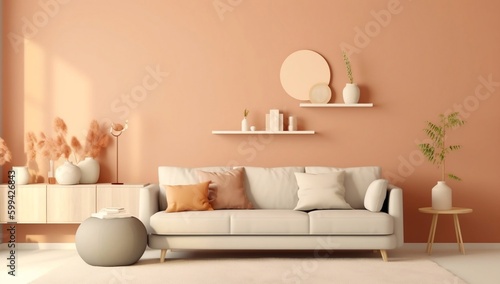 Creative composition of stylish living room interior with copy space, grey sofa, beige commode, clay vases and stylish personal accessories. Pastel neutral colours. Template,generative ai variation 4