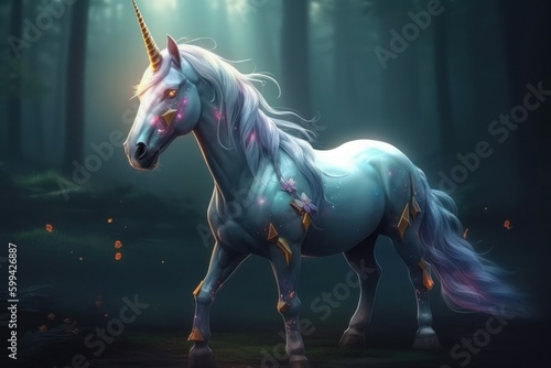 Fairytale unicorn. Mythical animal with one horn. AI generated  human enhanced