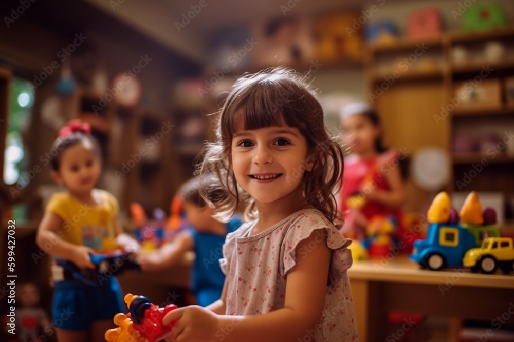 happy smiling child playing with toys, in the background other children playing, kindergarten or free time and friends. Generative AI happy smiling child playing with toys, in the background other children playing, kindergarten or free time and friends. Generative AI