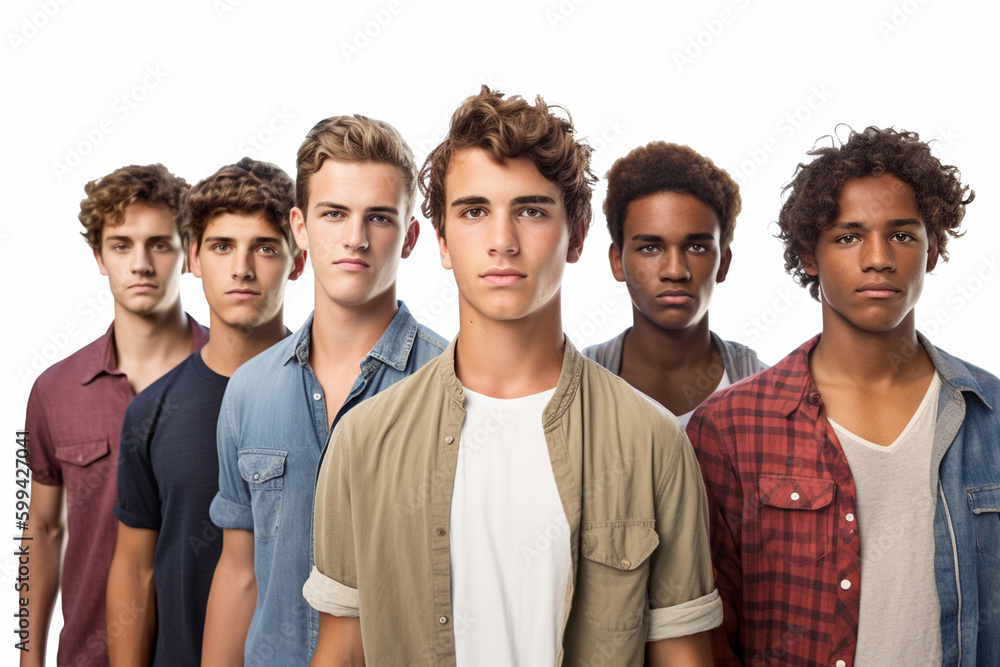 teenage boys in row side by side isolated on white background. Generative AI teenage boys in row side by side isolated on white background. Generative AI