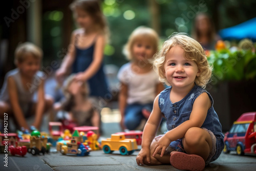 happy smiling child playing with toys, in the background other children playing, kindergarten or free time and friends. Generative AI