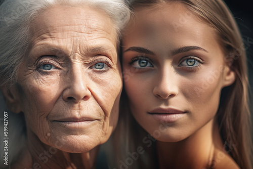 comparison between old and young, close up of the face, adult woman and old woman . Generative AI