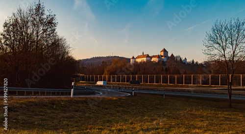 Winter landscape on a sunny day with a castle at Woerth, Danube, Regensburg, Bavaria, Germany