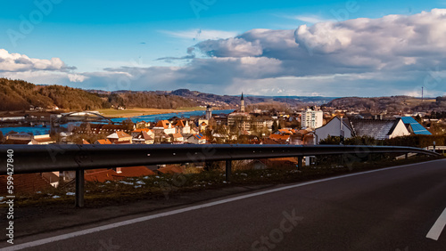 Winter landscape with a bridge on a sunny day near Vilshofen, Danube, Bavaria, Germany