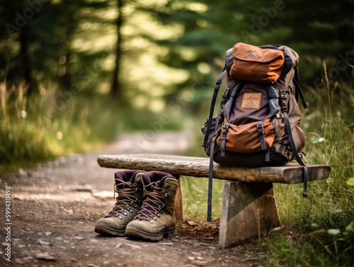 A backpack and hiking boots sitting on a trailhead sign
