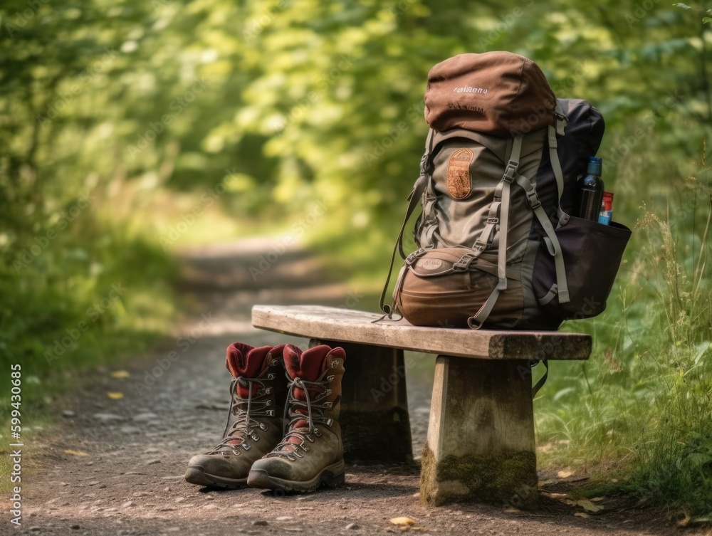 Fototapeta premium A backpack and hiking boots sitting on a trailhead sign