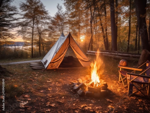 A tent and campfire in the wilderness at dusk