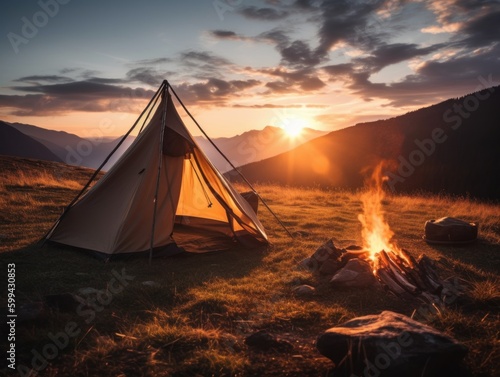 A tent and campfire in the wilderness at dusk