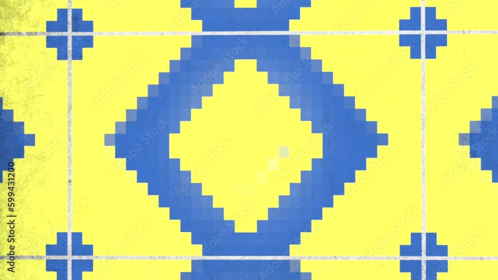 Yellow and blue blocks pattern in 8 bit of architecture, motion abstract game, cyberpunk and retro style background