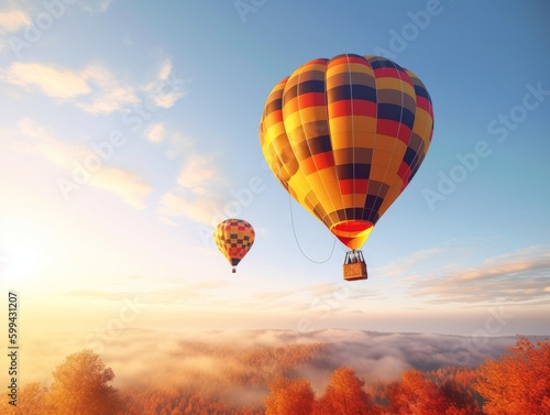 A hot air balloon floating in the sky at sunrise © Suplim