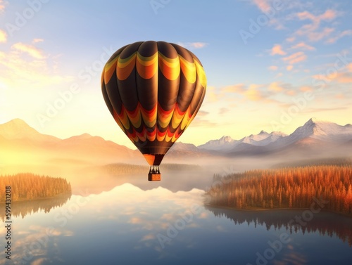 A hot air balloon floating in the sky at sunrise