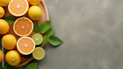 Fresh citrus fruits on grey table, top view. Created with Generative AI tools © DIGITALSHAPE