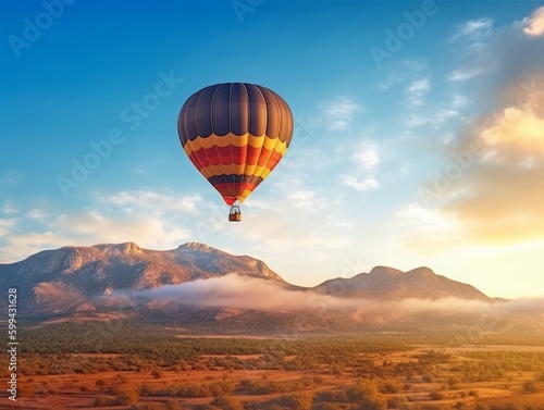 A hot air balloon floating in the sky at sunrise