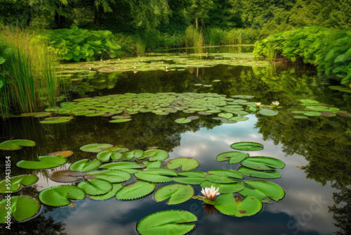 Reflections of Nature Tranquil Pond with Lily Pads, generative ai © aicandy