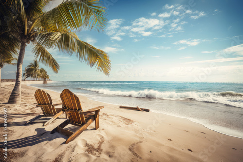 Relaxing Beach Scene with Palms and Beach Chairs, generative ai © aicandy