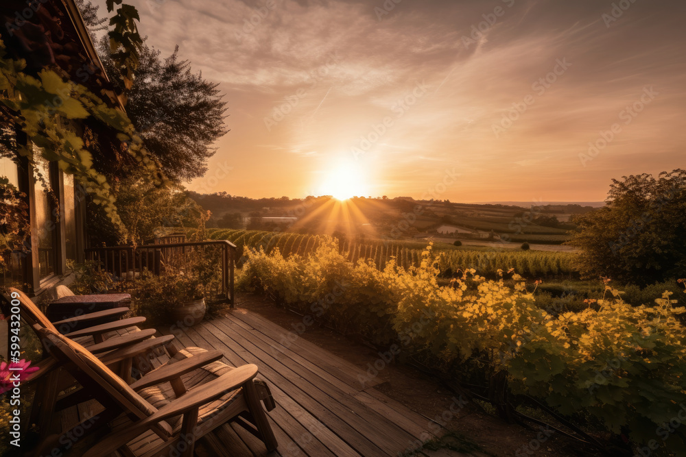 Romantic getaway at a vineyard with a sunset view and an elegant tasting room, generative ai