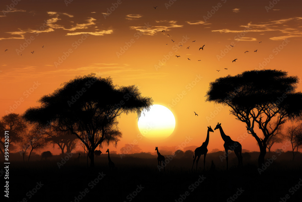 Savanna at Dusk with Silhouetted Giraffes and Zebras in the Foreground, generative ai