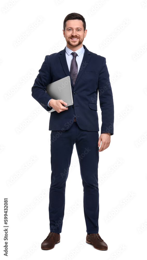 Handsome bearded businessman in suit with laptop on white background Handsome bearded businessman in suit with laptop on white background