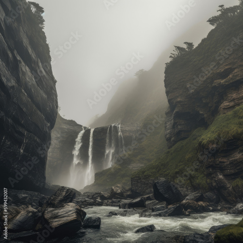 Rugged Cliff Face with Waterfall and Misty Atmosphere  generative ai