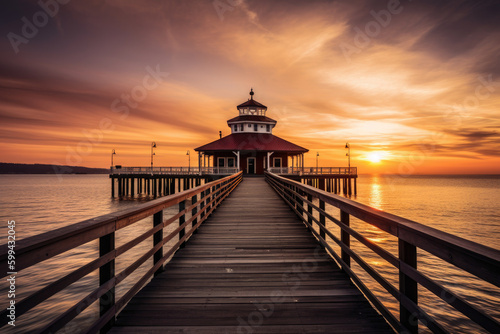 Seaside Romance Pier and Lighthouse with a Beautiful Sunset Sky, generative ai