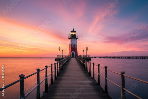 Seaside Town Charm Pier and Lighthouse with a Colorful Sky at Sunrise  generative ai