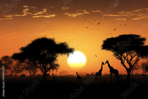 Savanna at Dusk with Silhouetted Giraffes and Zebras in the Foreground  generative ai