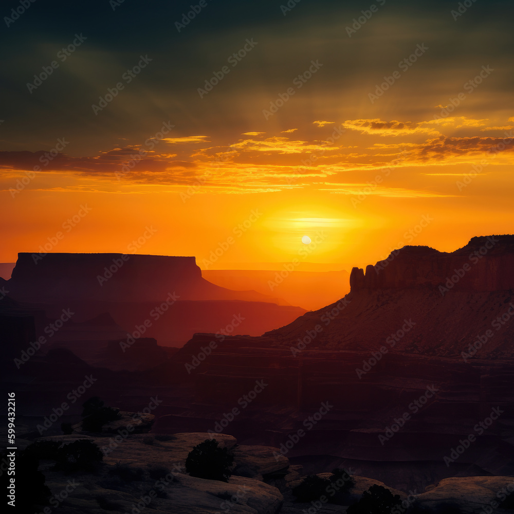 Silhouette of Towering Mesas against a Vibrant Sunset in Canyon, generative ai