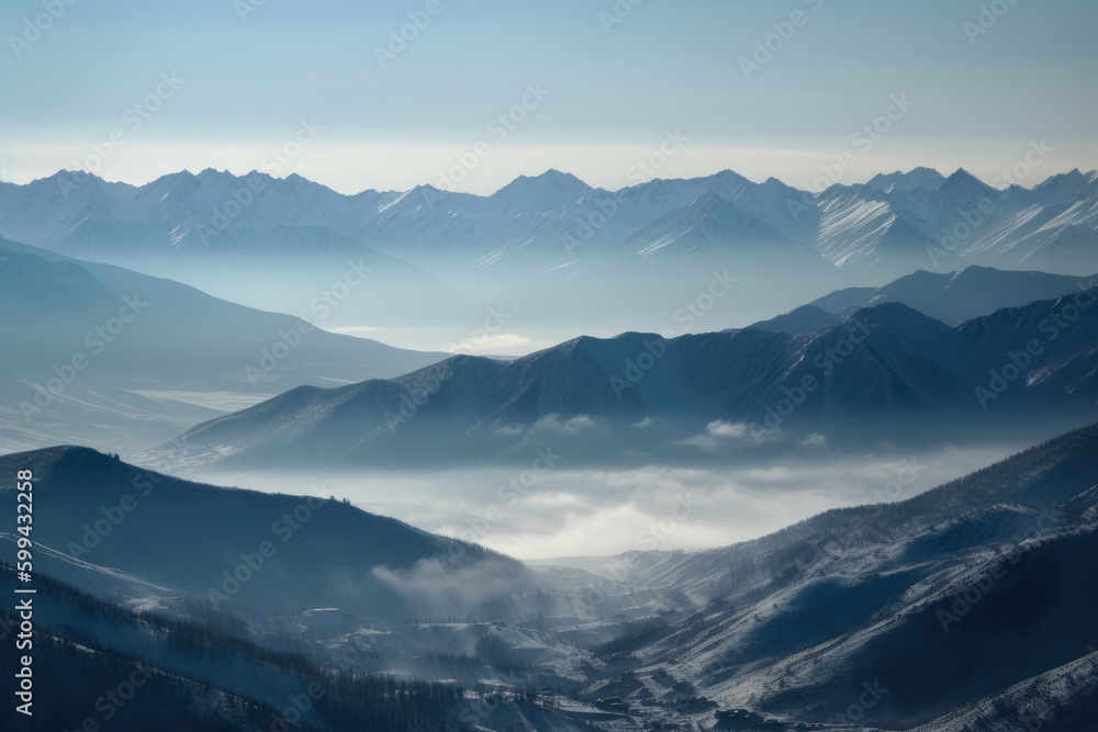 Snow-Covered Mountain Range with Misty Valleys Below, generative ai