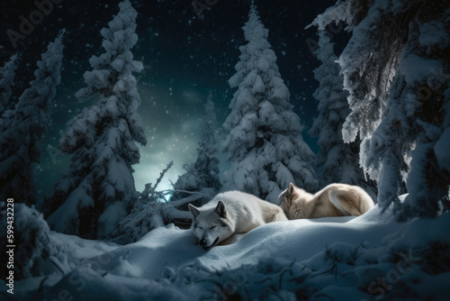 Silent Night Snowy Forest with a Pack of Wolves Sleeping under the Aurora Borealis, generative ai