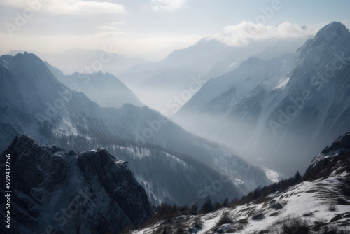 Snow-Covered Mountain Range with Misty Valleys Below, generative ai © aicandy