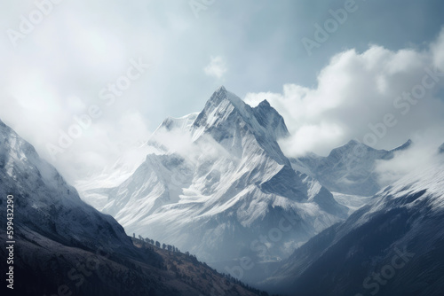 Snowy Majesty Majestic Mountain Peak with Breathtaking Valley Views, generative ai © aicandy